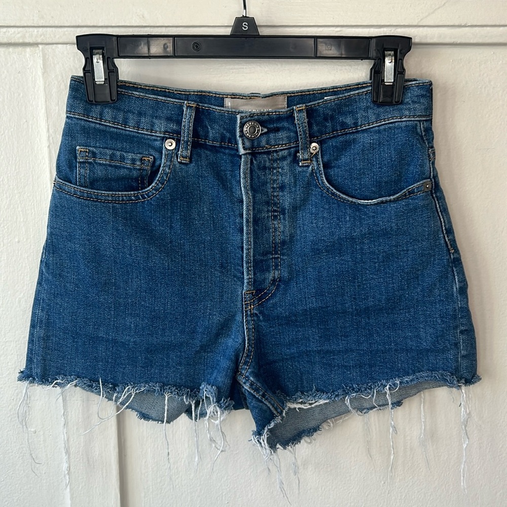 Everlane Cheeky Denim Dark Wash Shorts with Frayed Hem Button Fly 25 - Picture 2 of 6